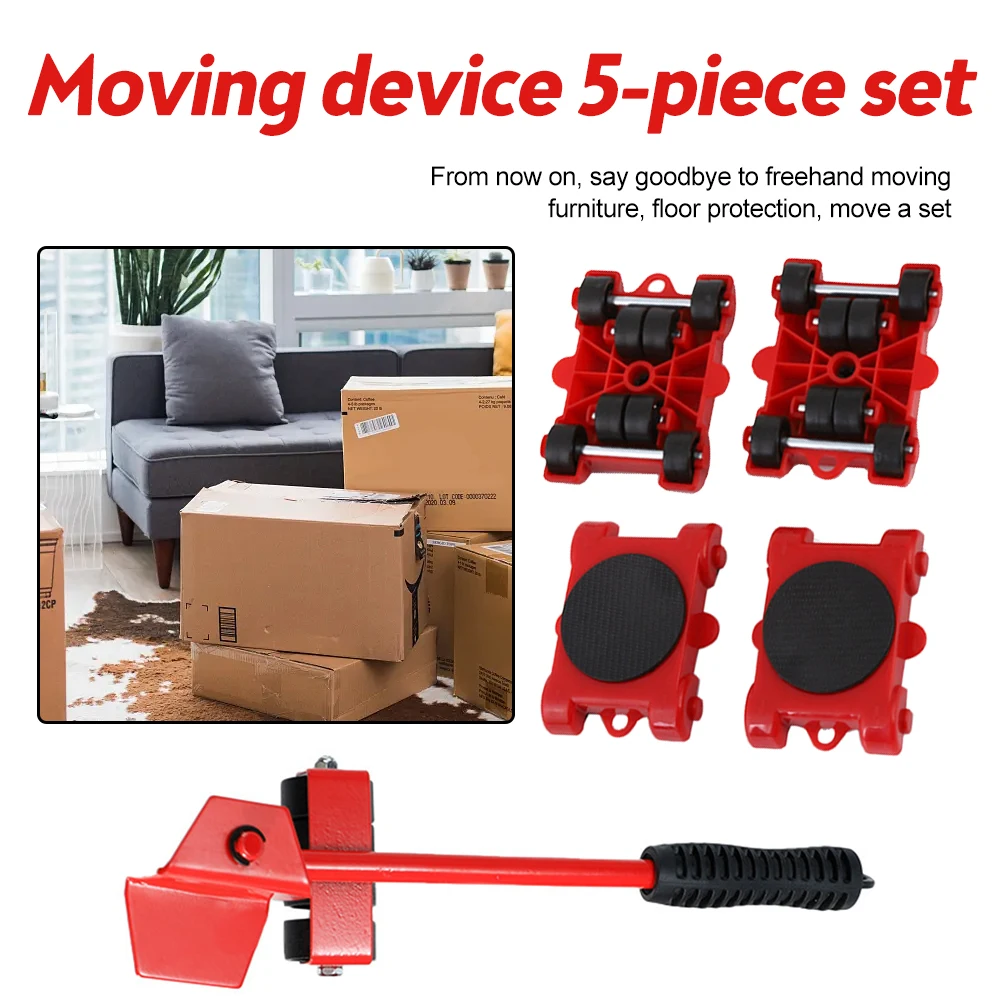 5Pcs Set Furniture Mover Set Furniture Mover Tool Transport Lifter Heavy Stuffs Moving Wheel Roller Bar Hand Tools