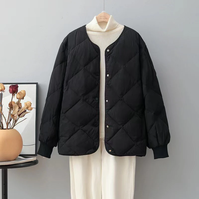 Autumn down jacket short top with round neck button long sleeved fashionable short jacket