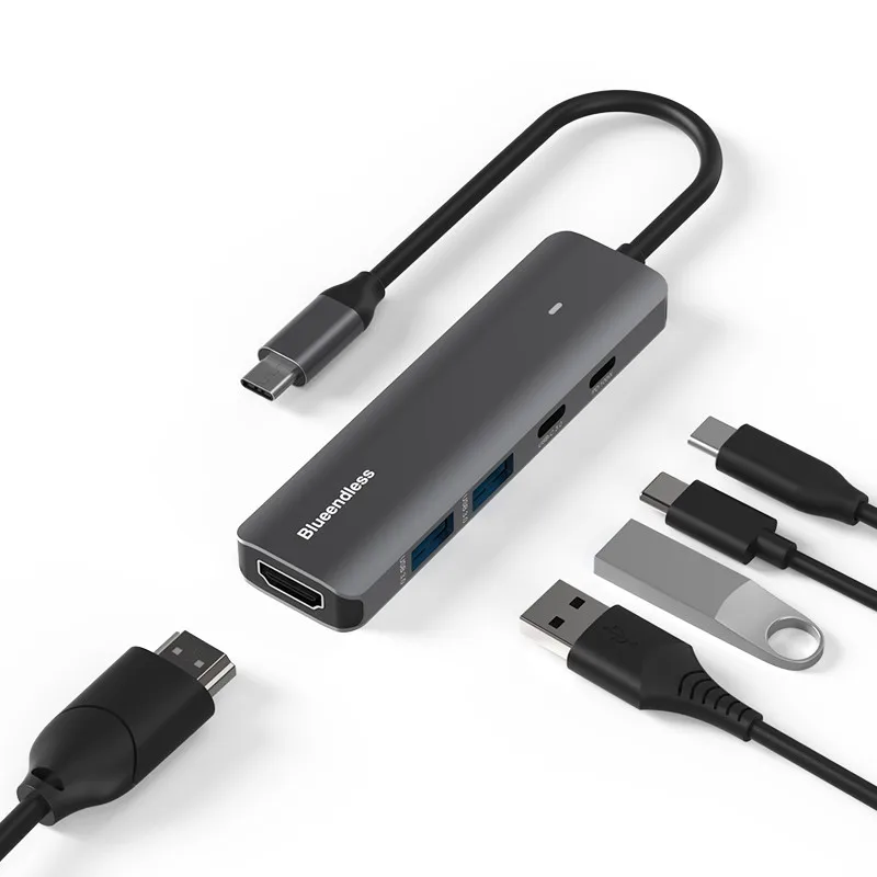 hit product5 In 1 Type C USB C USB-C Adapter Hub to HDTV 4K USB 3.0 PD Charging Multi-Function Docking Station Hub Aluminum