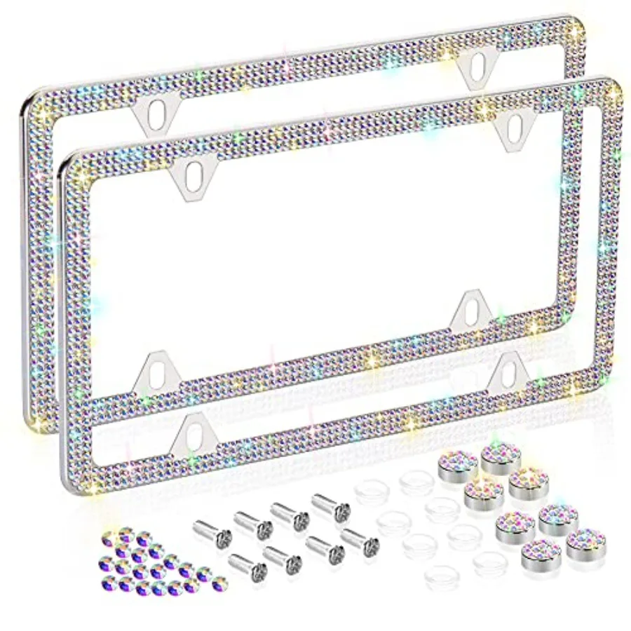 

Bling License Plate Frames Stainless Steel 4 Holes 3 Row Slim Design with Car Licence Plate Covers Cute Women Girls Auto Access