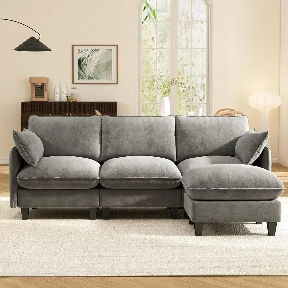 L-Shaped Cloud Sofa with Oversized Cushions & Movable Ottoman, Deep Seating, Premium Chenille, Gray
