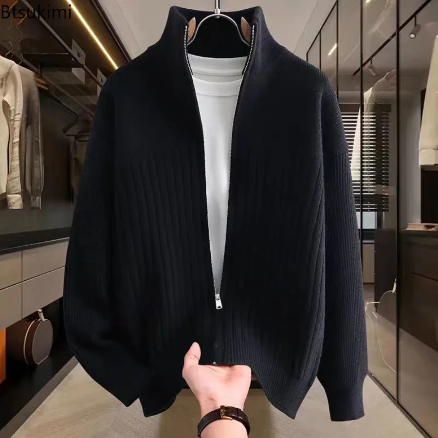 Men Turn Down Collar Solid Color Rib Knit Zip Cardigan Long Sleeve Zipper Sweater Coat Autumn Casual Warm Versatile Outerwear