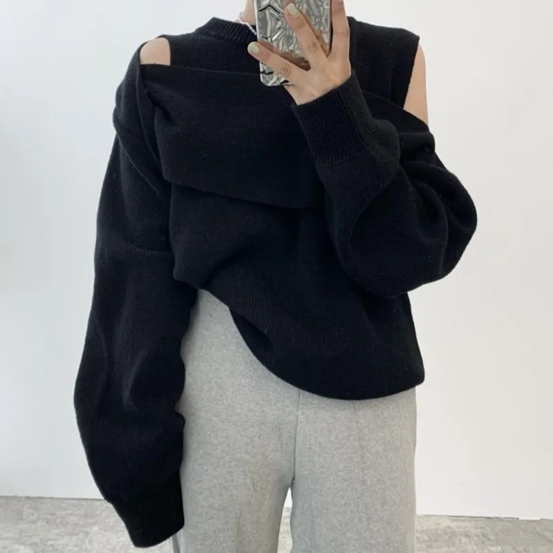 Women\'s Grey Gothic Pullover Knitted Sweater Harajuku Korean 90s Y2k Long Sleeves Jumper Striped Sweaters Vintage 2000s Clothes