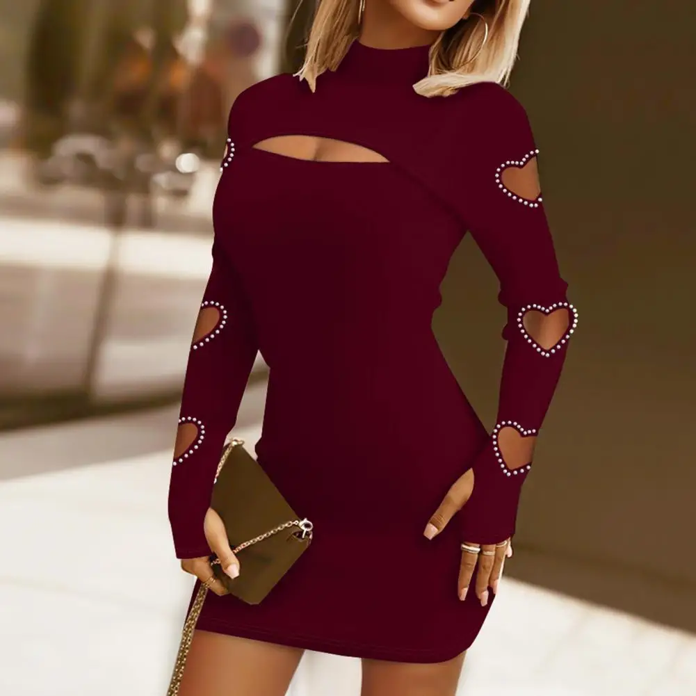 

Women Dress Hollow Out Lace Skinny Sheath Dress Half-high Collar Elastic Soft Above Knee Mini Dress