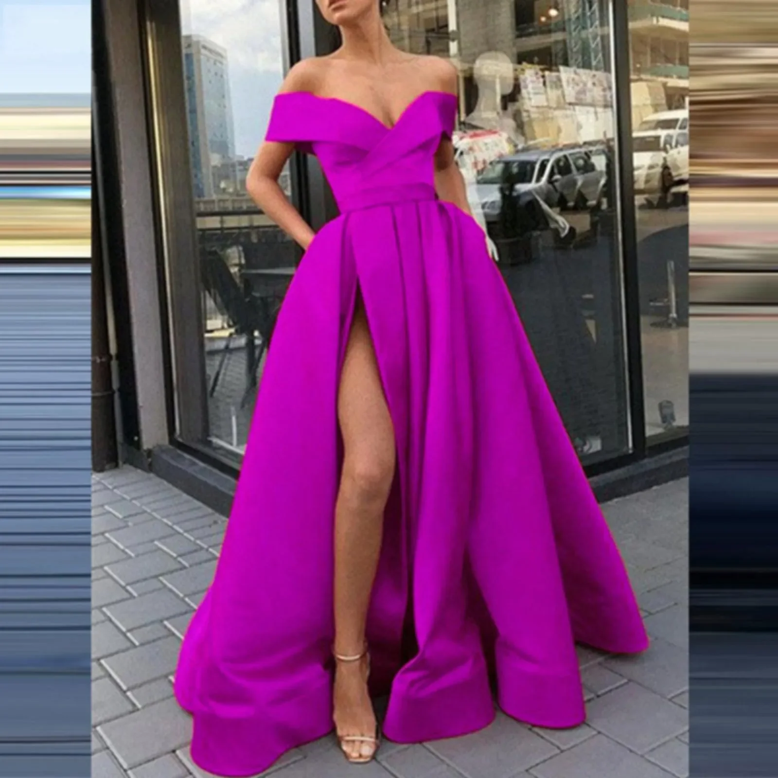 Party Maxi Dress Prom Women Sexy V Neck Solid Elegant Sleeveless High Slit Dress Lady Fashion Off Shoulder Pleated Dress Vestido