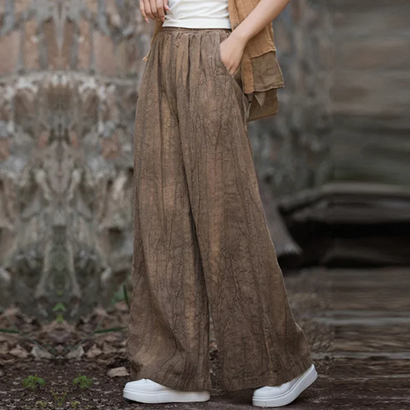 Elegant Women's Cotton Linen Baggy Cargo Pants Vintage Elastic Waist Yoga Trousers Loose Casual Long Wide Leg Oversize Clothes