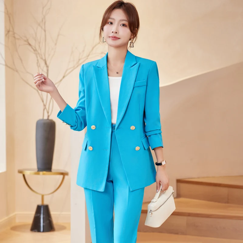 Office Ladies Blazer Pant Suit Green Blue Apricot Black Women Female Business Work Wear Jacket and Trouser Formal 2 Piece Set