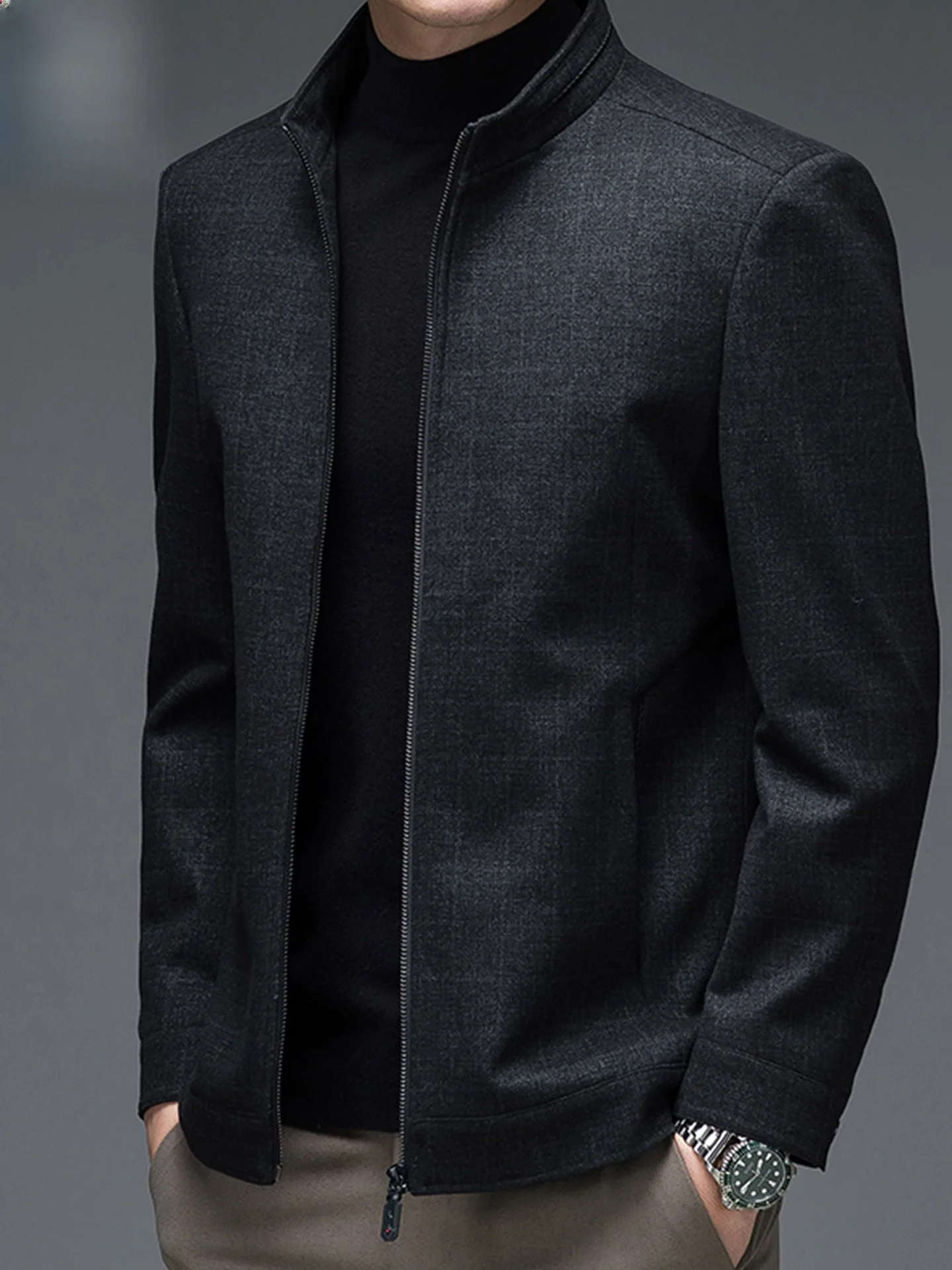 

Busin Casual Spring Autumn Jaet for Middle-Aged Men Iron-Free Stand Collar Coat Dad Sle Jaet Loose Fit Polyester Cot...