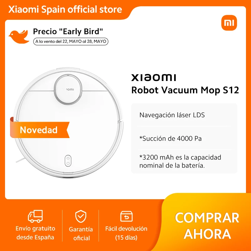 Official | Xiaomi Robot Vacuum Mop S12,Navegación láser LDS,Potente ventilador de succión de 4000 Pa