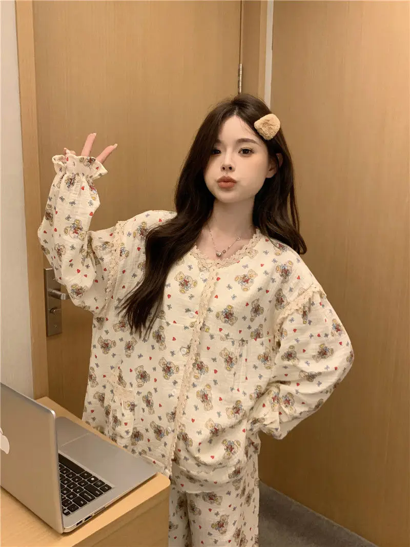 2024 New Sweet Spring Women Home Suits Female Lace Trim Cute Pajamas Sets Girls Cartoon Long Sleeves Trousers Simple Nightwear