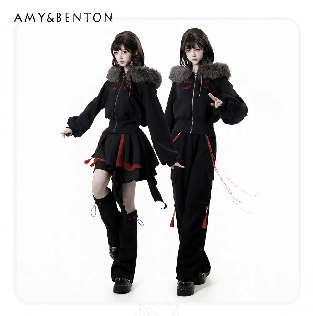 

Sweet Cool Harajuku Style Black and Red Dress Set Hooded Short Jacket Mini Puff Skirt Casual Long Pants New Chinese Style Sets