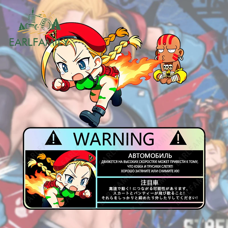 EARLFAMILY Chibi Running Cammy White Car Stickers Cute Butt Caught Fire Windows Vinyl Car Accessories Decal Warning Sticker