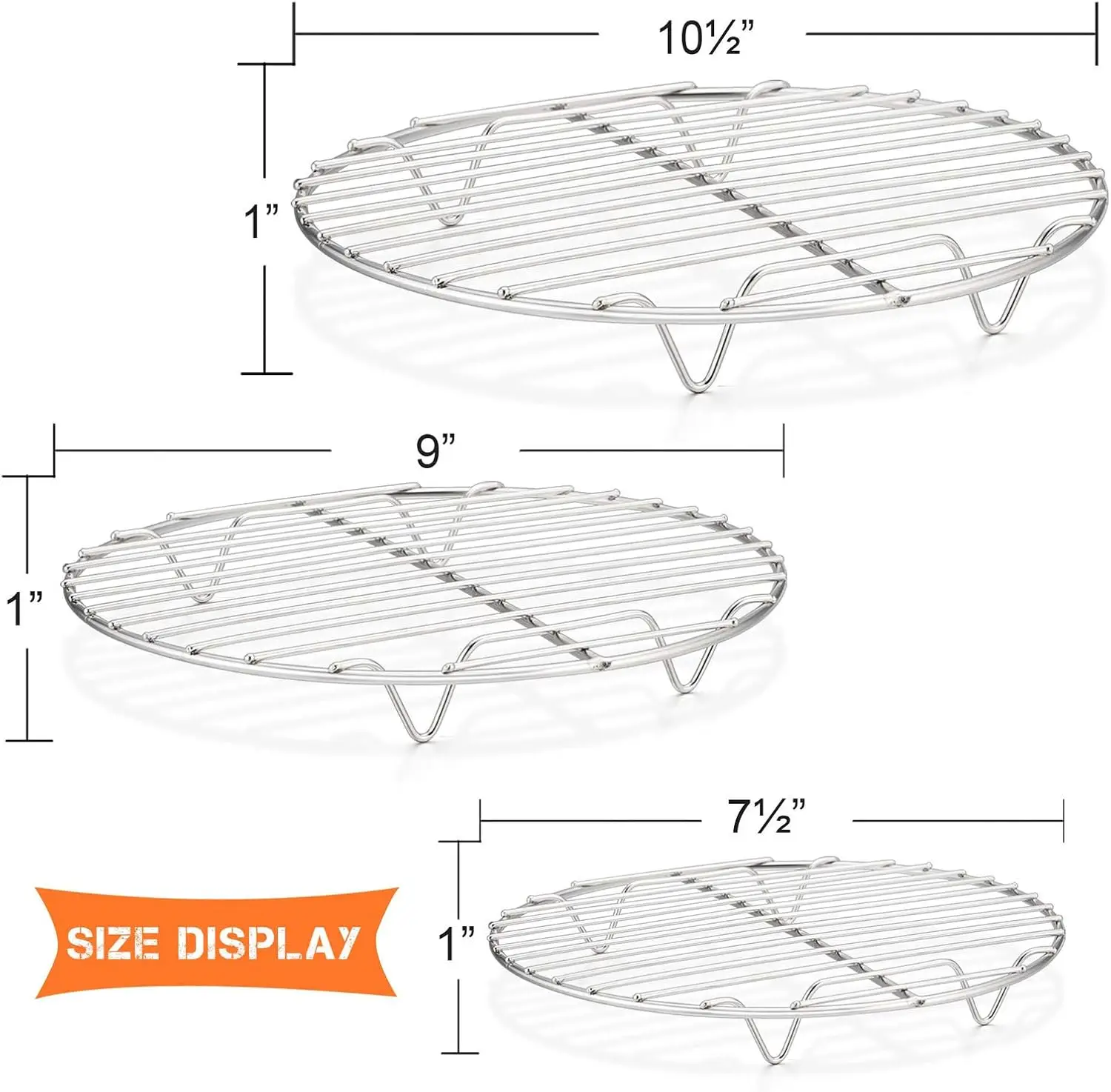 Round Cooking Racks - Size 7½” & 9” & 10½” - Stainless Steel Round Steaming Baking Cooling Rack Set of 3, Multi-Purpose for Cann