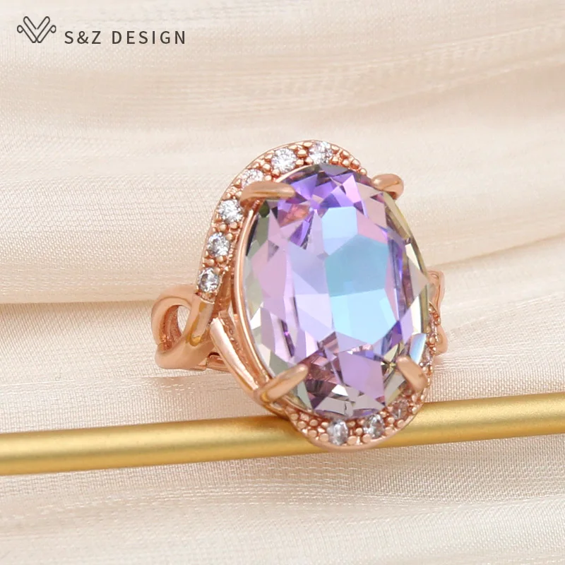 S&Z DESIGN New Fashion Oval Egg Shape Crystal Rings For Women Wedding Party 585 Rose Gold Color Cubic Zirconia Jewelry Gift