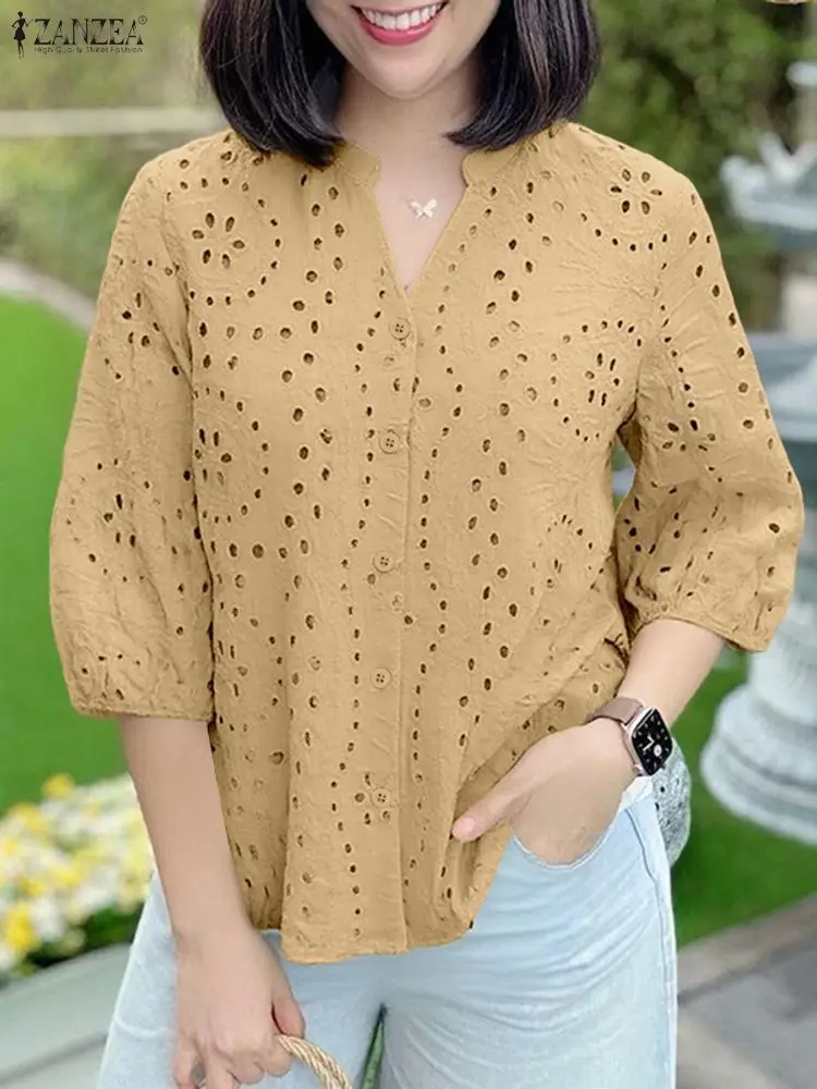 ZANZEA Women Shirt Stylish Hollow Out Embroidered Blouse Autumn Elegant V Neck 3/4 Sleeve Tops Patchwork Work Blusas Mujer Femme