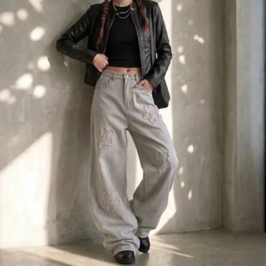 Retro Washed Embroidered Wide Leg Jeans Floral Trimmed Casual Cotton Denim Pants Loose Fit Standard Size for Women Adults