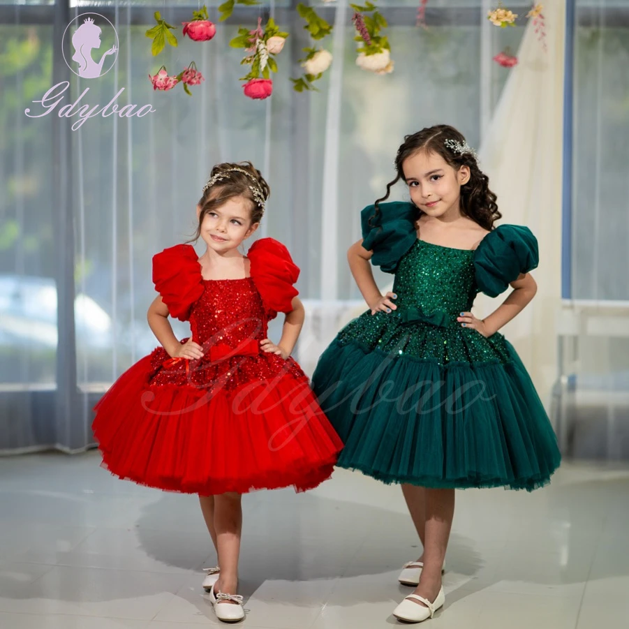 

Green Sequins Fower Girl Dress Shining Tulle Puffy With Bow Knee Length For Wedding Kids Birthday Party First Communion Gown