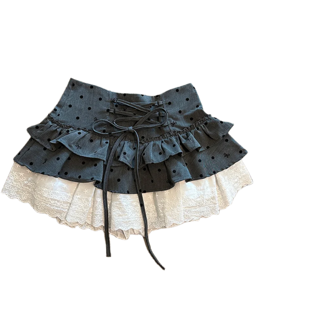 

Fashion Sweet Short Puff Skirt Dot High Waist Flounce Short Skirt with Safty Pants Lace A-line Cake Shirt Short Ladies