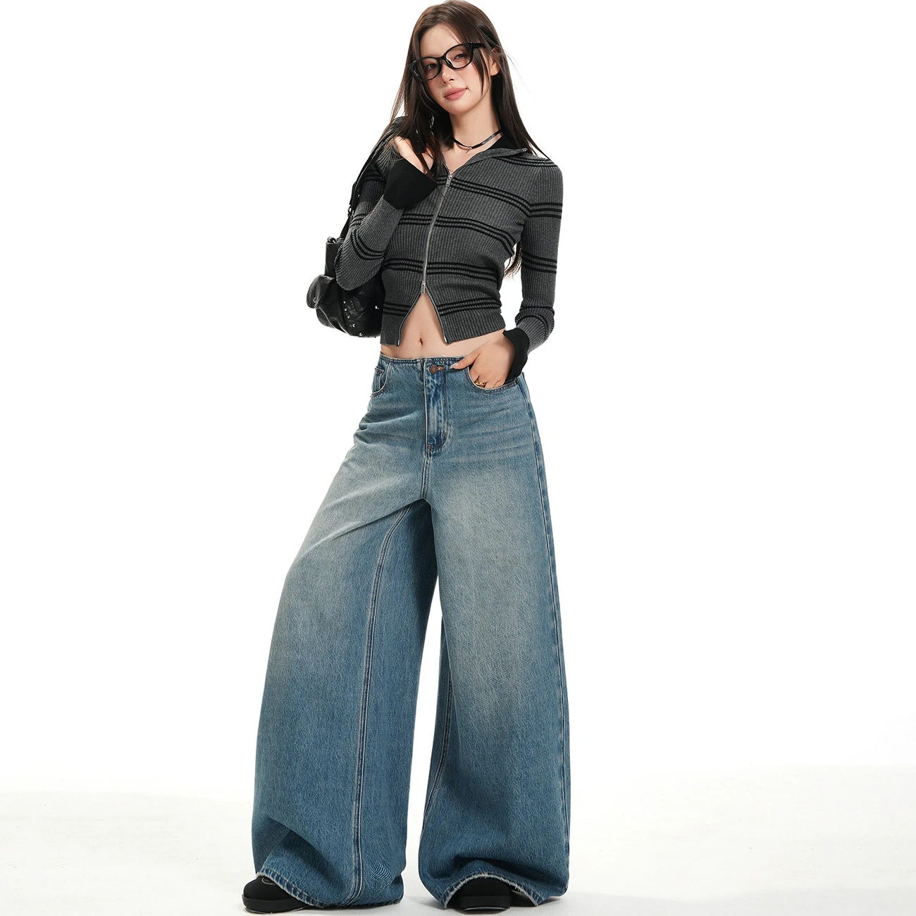 American Style High Waist Loose Straight Leg Blue Jeans Women's Autumn New Fashion Slimming Drapey Floor-Length Trousers