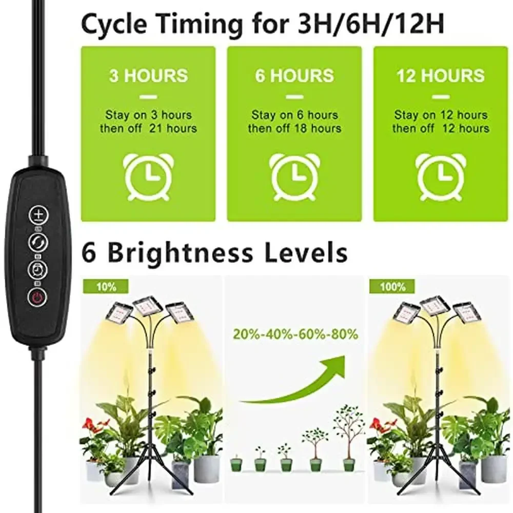 Full Spectrum Tri-Head LED Plant Grow Light with Timer Stand Adjustable Height Indoor Plants Orchids Succulents Tomatoes