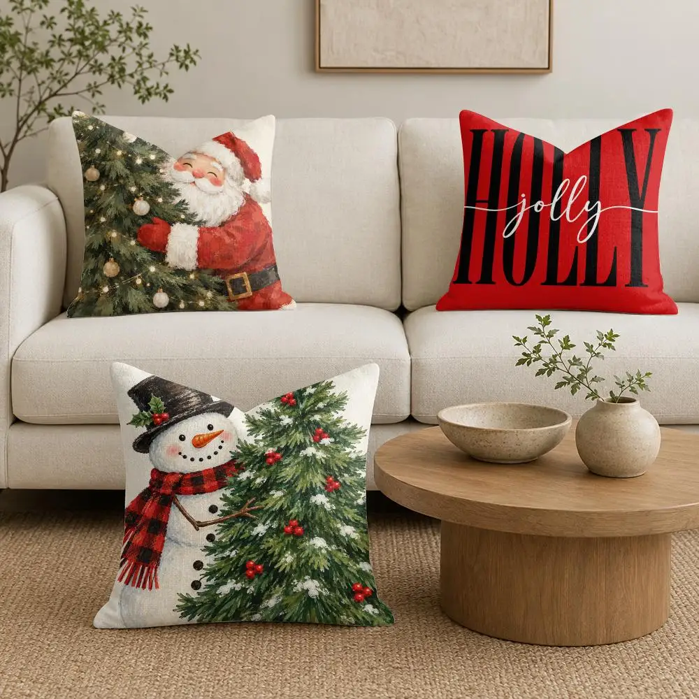Santa Snowman Christmas Tree Cushion Cover Natural Linen Organic Fabric Double-Sided Printing Sofa Home Decor Gift Pillow Cover