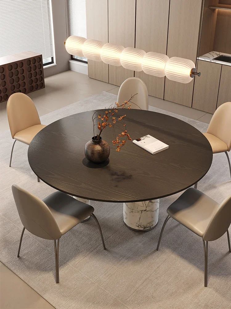 Marble dining table Modern simple light luxury small apartment household round black oak dining table