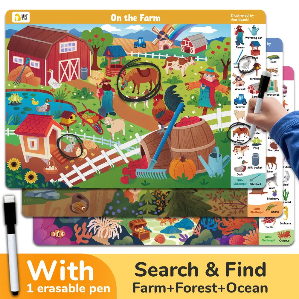 3 Themes Interactive Search and Find Game Looking for Different Activity Painting Kit Drawing Books with Reusable Pen