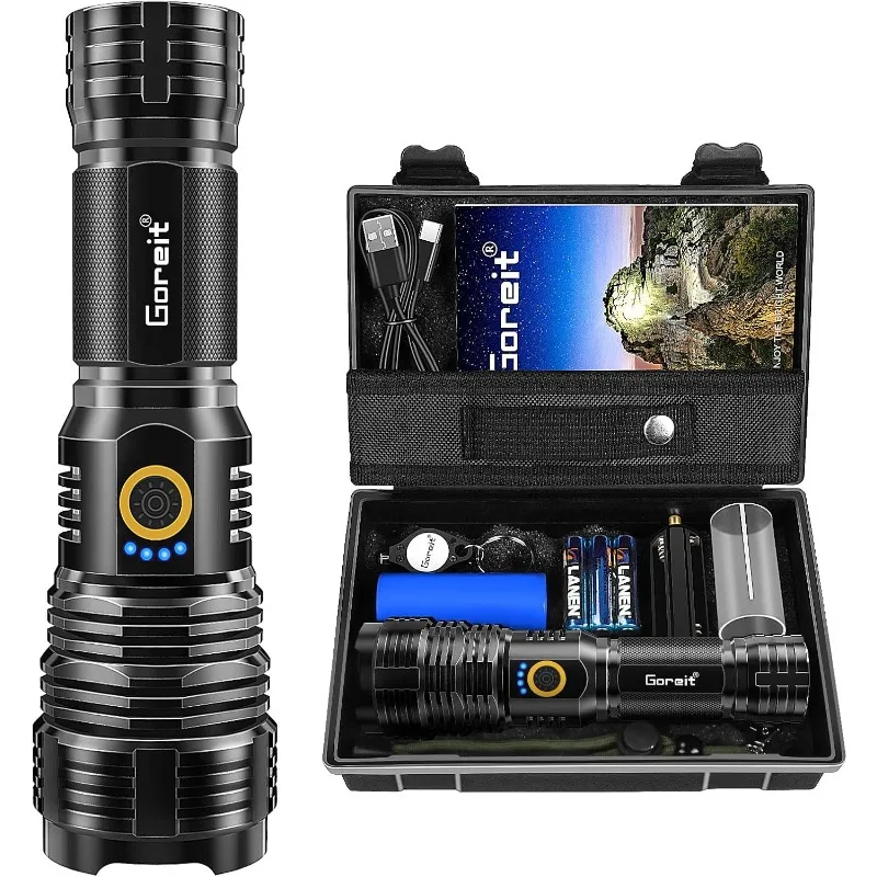 

Goreit Flashlights LED High Lumens Rechargeable, 2000 Lumens XHP70.2 Super Bright Flashlight, Flash Light Battery Powered, Power