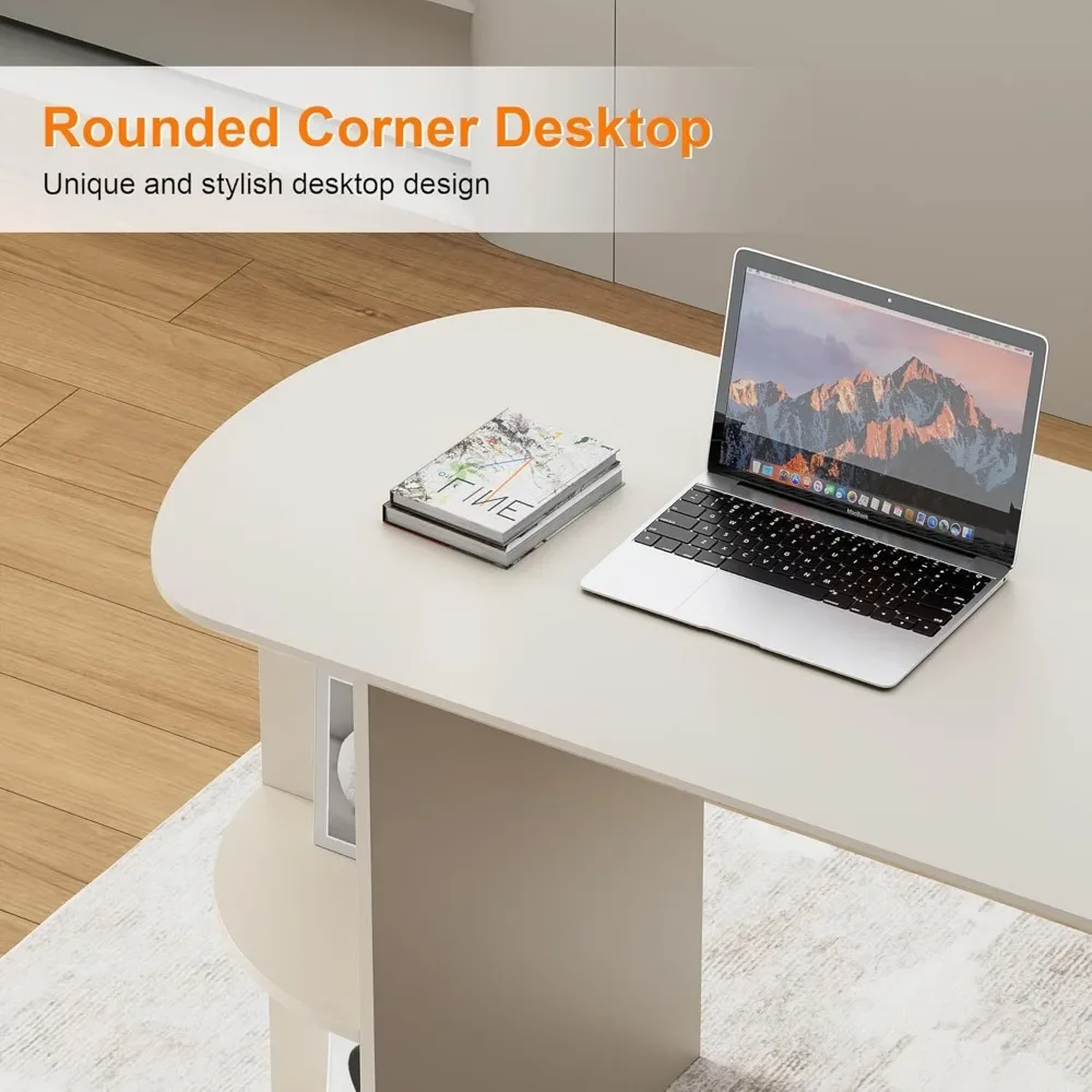 Computer Desk, 55inch Home Office Desk with Drawers and Storage Shelves, Cream White Desk Modern Simple Style Laptop Desk