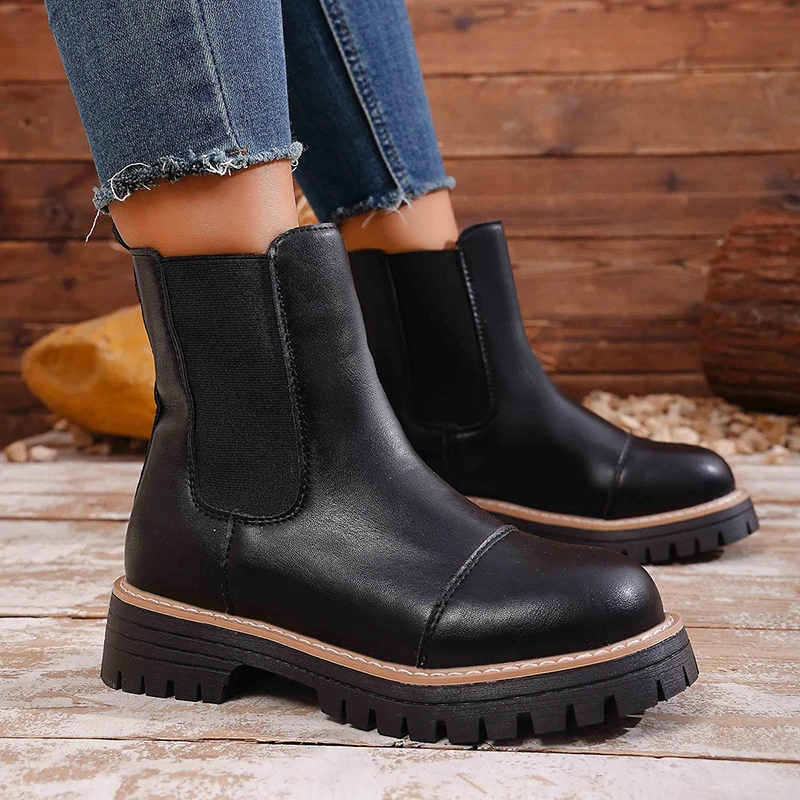 

Autumn Winter Platform Chelsea Boots Women Slip On Plus Size 43 Thick Sole Ankle Boots Woman Fashion Non Slip Pu Leather Botas