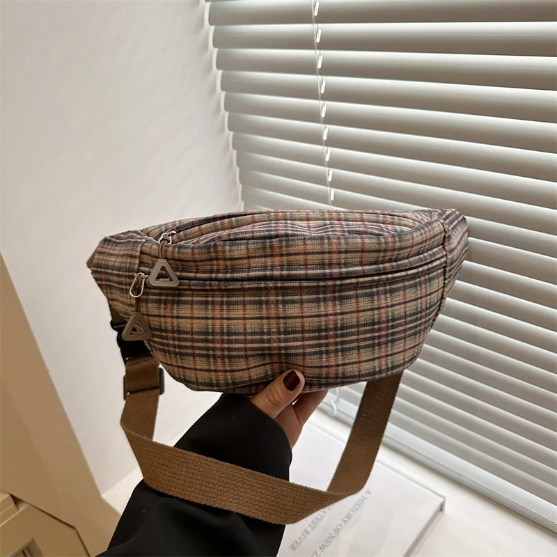 

Vintage Plaid Woman Chest Bag 2025 High Quality Fashion Canvas Waist Bag Female Shoulder Crossbody Bag Hip Sack Belt Bum Pouch