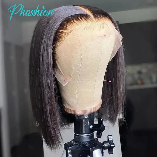 Imagen 2 del producto Phashion 4x4 pelucas Bob cortas rectas sin pegamento con línea de cabello Natural 180% para mujeres negras 100% cabello humano Remy corte Romo en venta