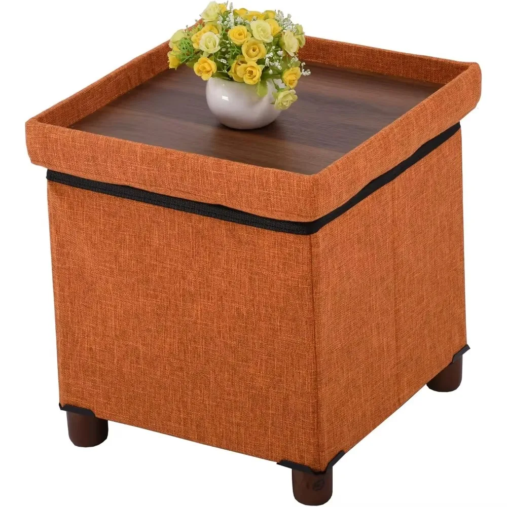 

15 Inches Storage Ottoman with Wooden Legs Cube Foot Rest Stool, Square Footstool Storage, Ottoman with Storage for Living Room,