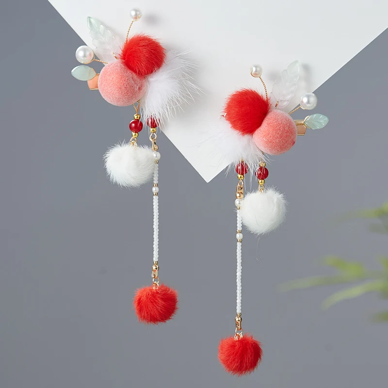 Chinese Style Red New Year Hair Clips for Girls Traditional Hanfu Hair Accessories Cute Baby First Birthday Celebration Gift