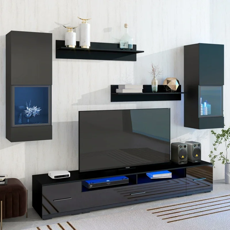 Minimalist Design Entertainment Center with Push to Open Doors,Extended TV Console Table,TV Stand with Color Changing LED Lights