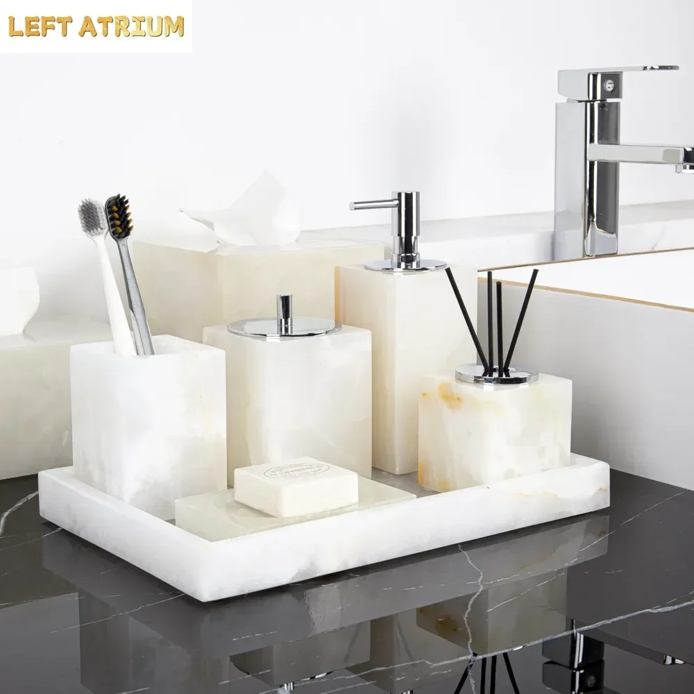 White Onyx Natural Marble Bathroom Set Luxury Soap Dispenser Tissue Box Vanity Tray Toothbrush Holder Set for Bathroom
