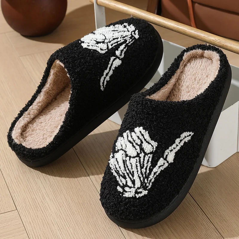 Halloween Skeleton Finger Bone Plush Slippers Women Indoor Soft Sole Warm Fluffy Couple Slides 2026 Non Slip Home Cotton Shoes