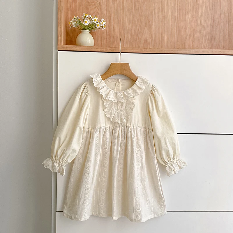 2026 Mädchen Langarmkleid mit Rüschen-Spitzenkragen, besticktes Baumwoll-Prinzessinnenkleid für Frühling und Herbst, Kindergeburtstagsparty Vestido – Detail 3