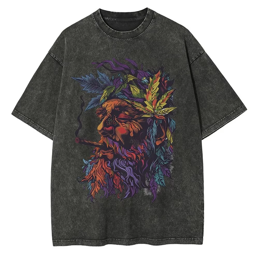 

Summer Cotton Washed Pattern T-shirt Psychedelic Hippie Print T-shirt Lower Shoulder Retro Men's and Women's Oversized T-shirt