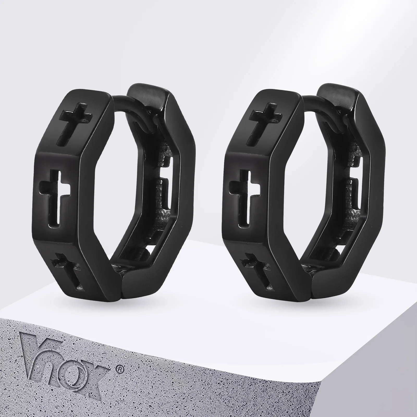 Vnox antyalergiczne kolczyki koła ze stali nierdzewnej dla mężczyzn chłopcy, Hollow Cross Huggies, geometryczna ośmiokątna biżuteria do uszu