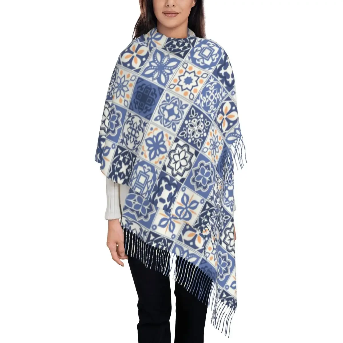 

Синий португальский шарф с кисточками, женский мягкий португальский шарф с цветком азалии, женские зимние шарфы