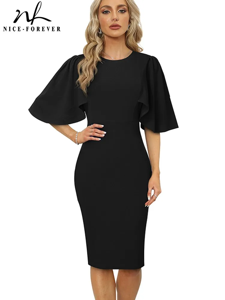 Nice-Forever autunno donna Classy Solid Black Color abiti formale Business Party elegante Vintage Slim Bodycon Dress B970