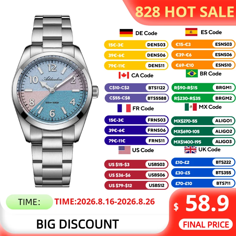 ADDIESDIVE 36mm Luxury Watch for Women Sapphire Glass 100m Waterproof Sport BGW9 Super Luminous Stainless Steel Ladies Watches