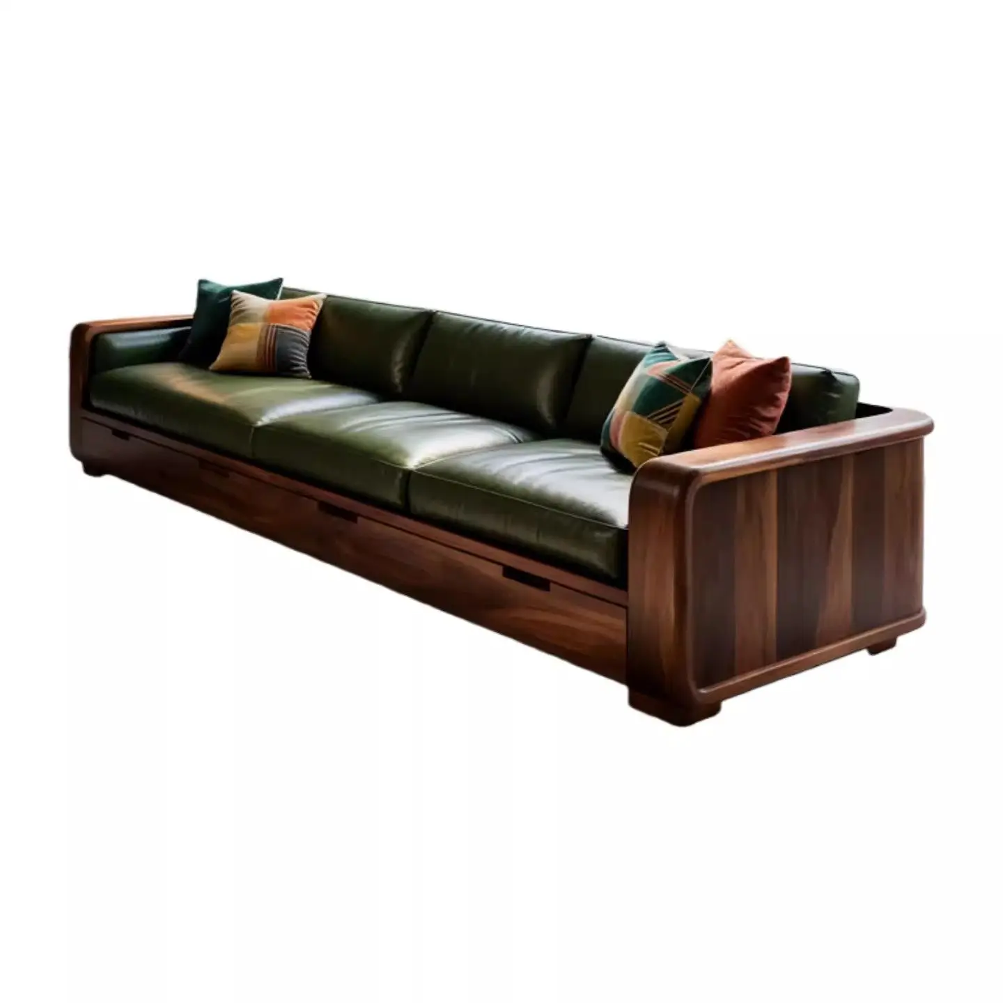 

#Solid Wood Three Seat Sofa Large Unit Living Room Sofa Black Walnut Wood Genuine Leather Homestay Straight Row Hotel Villa