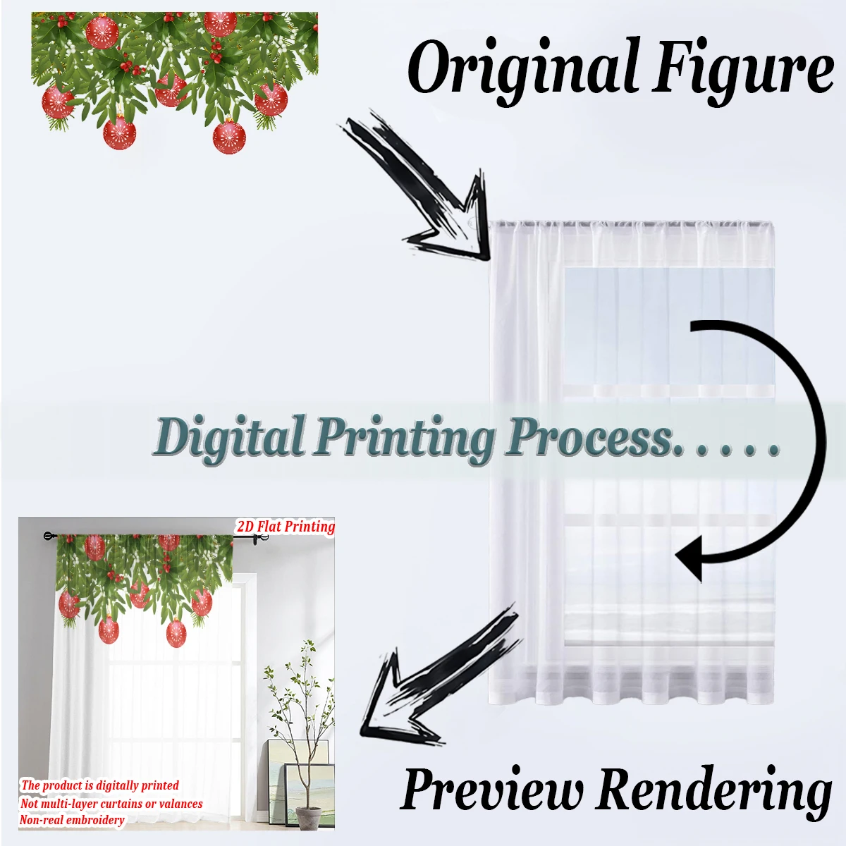 Kerst plat bedrukt doorschijnend gordijn met kerstbal dennentak voor woonkamer slaapkamer decor vakantiefeest