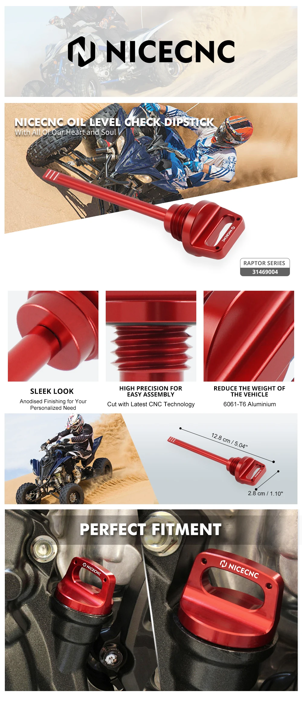 NICECNC Für Yamaha Banshee 350 YFZ350 1987-2006 Ölstandsanzeige T6 Aluminium Vorgebohrter Motoröl-Ziehgriff ATV-Zubehör – Detail 1