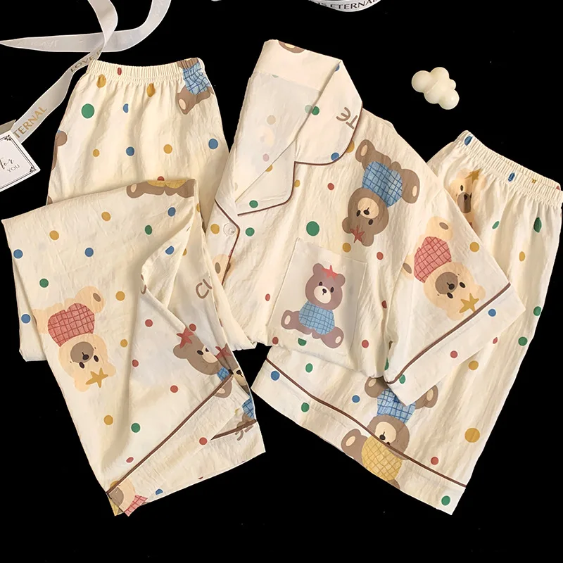 

Women's Three-Piece Pajamas Homewear Casual Loose Clouds Cotton Polka Dot Bear Print Summer Pajamas Girls Short-Sleeved Homewear