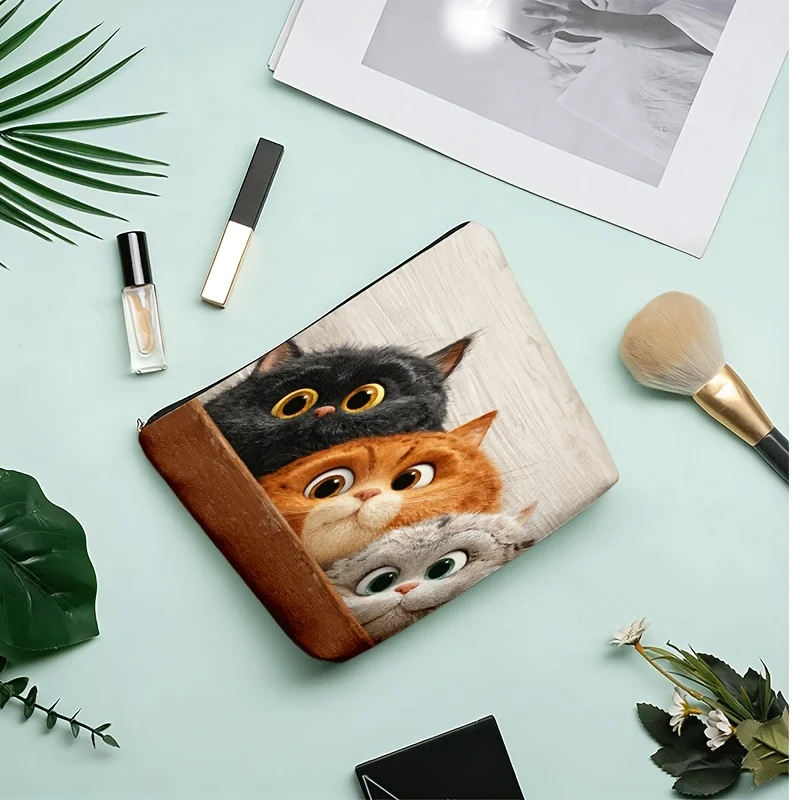1 Piece Cartoon Three-Cat Print Makeup Bag - Multifunctional Zipper Pouch for Women, Perfect Travel Zipper Storage Bag, Fun Birthday Gift