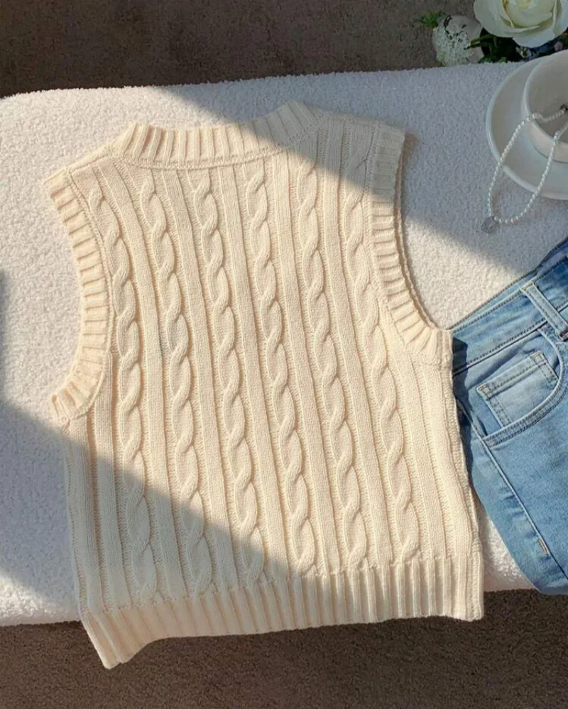 Women's pure color Fried Dough Twists knot V-neck horse logo casual sweater vest for autumn and winter