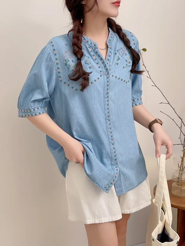 New Spring Cotton Denim Embroidery Shirt Women Lapel Short Sleeve Literature Tops Girl Loose Sweet Blouses 2024 Autumn T446127QC